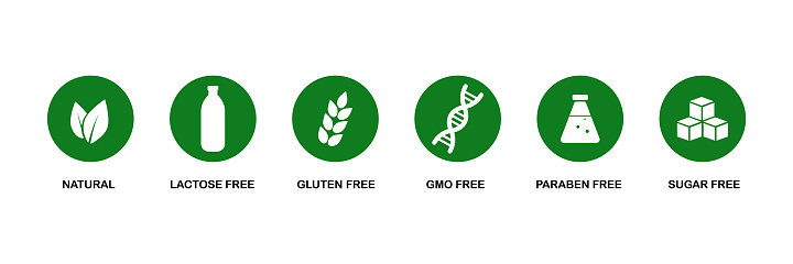 Set of icons gluten free, GMO free, sugar free, paraben free, lactose free. Product packaging labels. Vector illustration