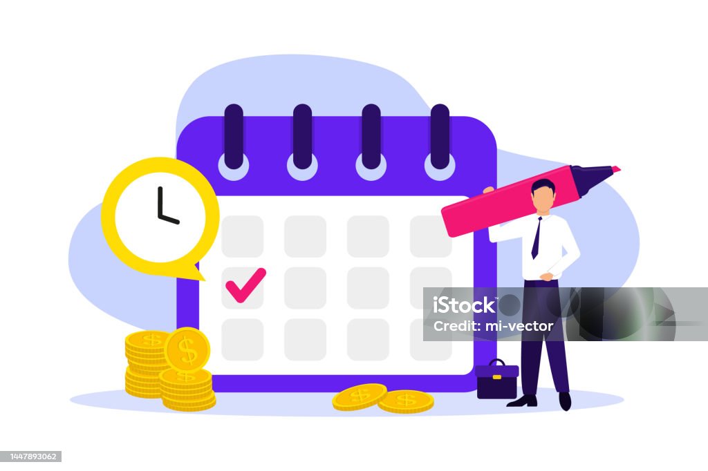 Vetores de Calendário E Relógio Com Moedas De Ouro Ao Redor Homem