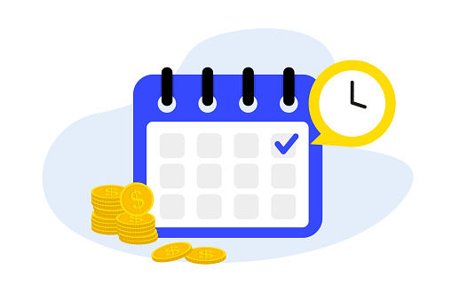 Calendar and clock with gold coins around. Payment day. The concept of a reminder of timely payment for services. Success salary payment automatic or recurring pay. Vector illustration