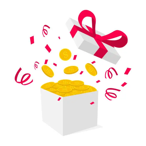 Vector illustration of White open gift boxe with dollar coins, and confetti explosion. Loyalty program and get rewards. Cashback reward program marketing strategy concept for promo banner. Vector illustration