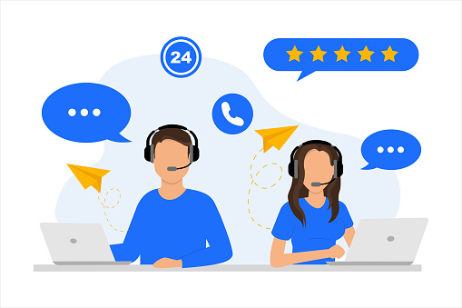 Hotline, customer support, call center. Hotline operators with headset is sitting at her computer and  talking with client. Online support 24 hours. Online customer service. Vector Illustration