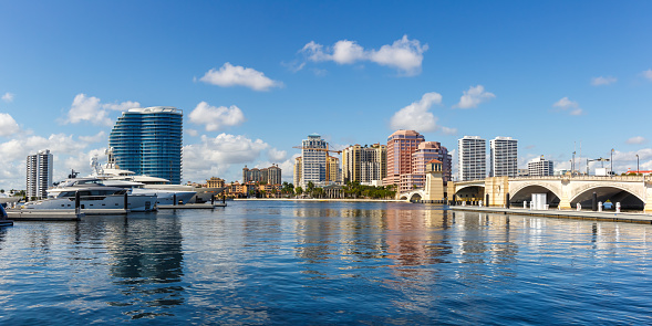 Royal Park Bridge with marina and skyline panorama travel in West Palm Beach, USA