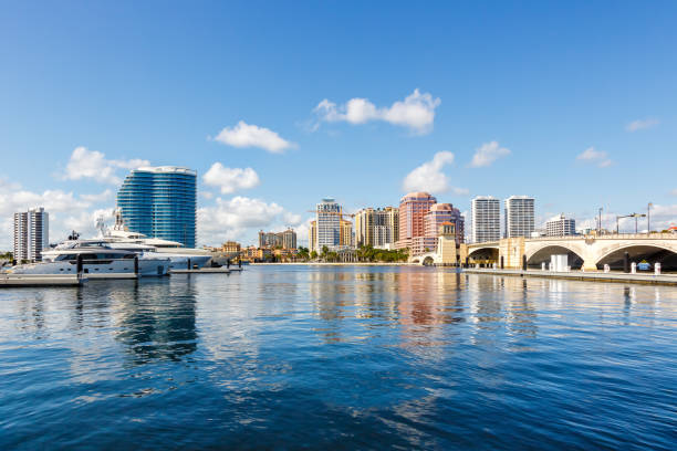Royal Park Bridge with marina and skyline in West Palm Beach, USA stock photo