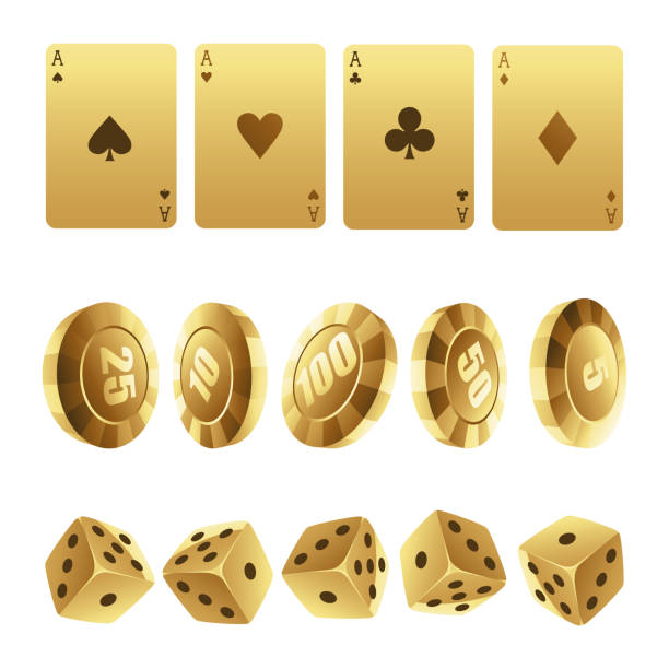 istock Golden Playing Cards Roulette Chips and Dices on a White Background 1447897728
