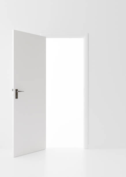 istock Opened door in empty white room. Copy space. Template to integrate your picture, text. 3D rendering. 1447897899