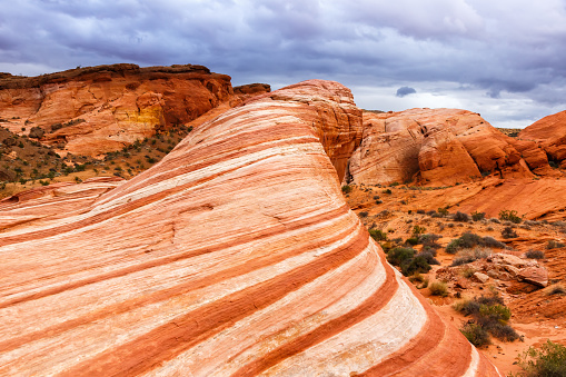 Red sandstone rock formation Fire Wave inside Valley of Fire State Park travel in Nevada in the United States