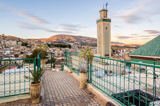 Famous al-Qarawiyyin mosque and University in heart of historic downtown of Fez, Morocco, North Africa.