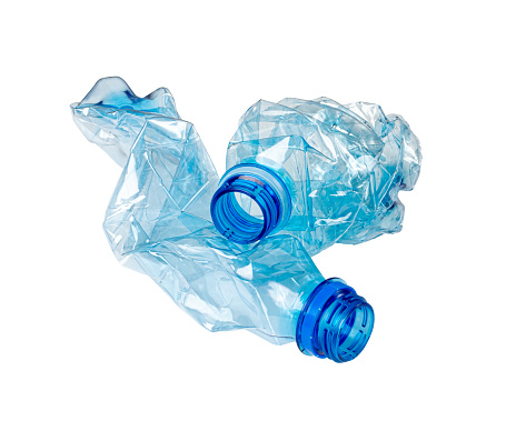Blue Empty Plastic Bottle Isolated, Crumpled Plastic Bottle, Global Pollution Concept, Squashed Water Pet Bottles on White Background, Clipping Path