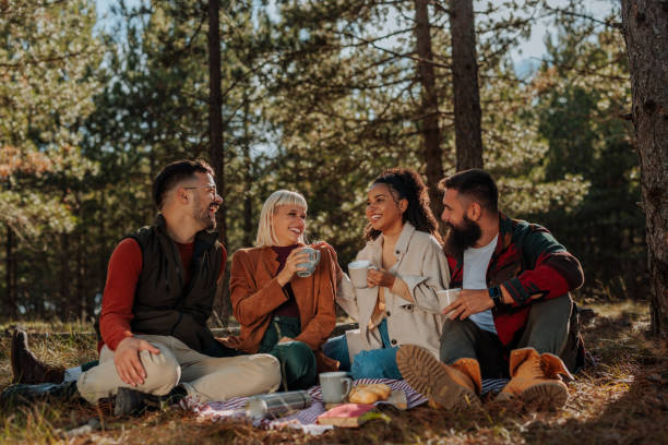 istock Diverse friends on forest picnic. 1447899169