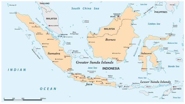 illustrazioni stock, clip art, cartoni animati e icone di tendenza di mappa delle grandi isole della sonda nell'arcipelago malese - island of borneo