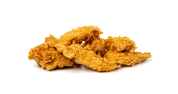 Chicken Strips Isolated, Breaded Nuggets, Crispy Fry Chicken Meat, American Deep Fried Crunchy Fillet Pieces on White Background