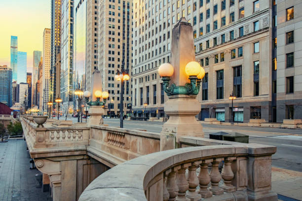Streets, Riverbank and Street Lights of Chicago Downtown stock photo