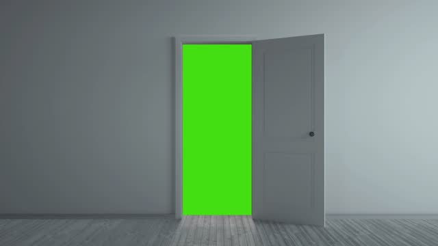 White door opening to green screen, chroma key