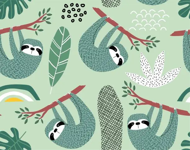 Vector illustration of cute sloth seamless pattern.