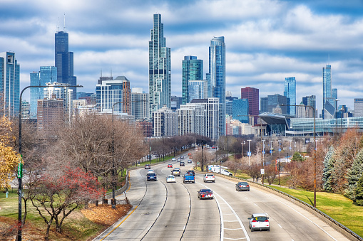 Busy highway heading to Chicago downtown. This is panoramic image: 4 vertical images stitched together in photoshop.