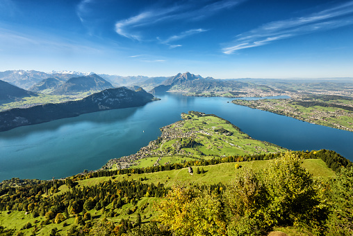 Spectacular panoramic view over lake Lucerne with the city on the right and Mountain Pilatus on the left.