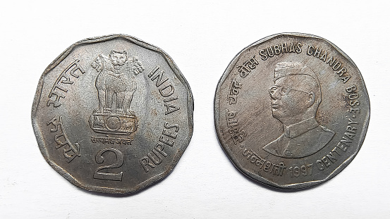 Subhas Chandra Bose old Indian 2 rupees coin 1997 isolated on white background