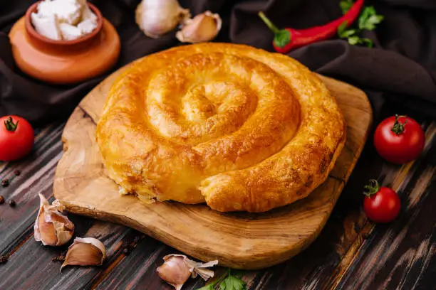 Whole homemade baked traditional Greek cheese pie