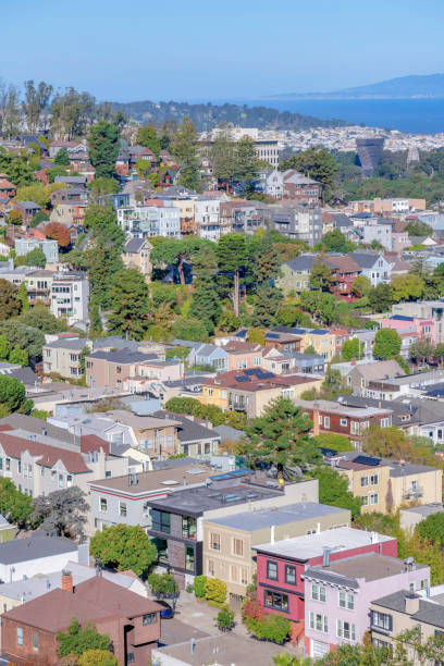 istock Dense middle class houses in a high angle view at San Francisco, California 1447906370