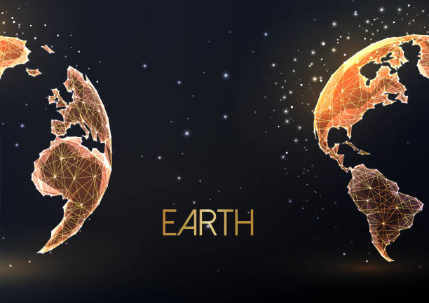 istock Gold planet Earth globe map, east and west hemispheres on black background. Globalization concept 1447907432
