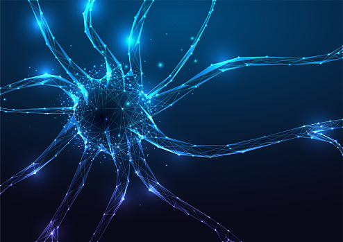 Human neuron cell with electrical impulses in futuristic glowing low polygonal style on dark blue background. Neural system, neuroscience, neurology concept. Modern abstract design vector illustration
