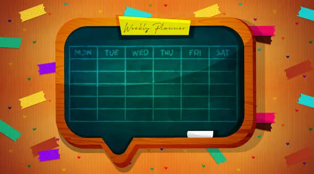 Vector illustration of Weekly, diary, planning concept in school style. To-do list for the week drawn in chalk on a chalkboard background.