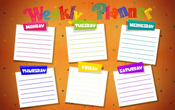 Vector illustration of Weekly, diary, planning concept in school style. To-do list for the week in a notepad with stickers on a stylish cardboard background.