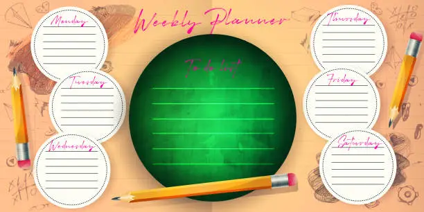 Vector illustration of Weekly, diary, design plan in school style. Weekly to-do list with blackboard on abstract colored paper background with pencils.