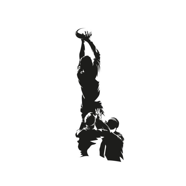 ilustrações de stock, clip art, desenhos animados e ícones de rugby players, line-out. abstract isolated vector silhouette, ink drawing. group of rugby athletes - bola de râguebi
