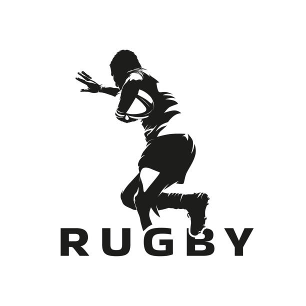 Rugby player running with ball, abstract isolated vector silhouette, ink drawing. Team sport athlete. Rugby logo vector art illustration