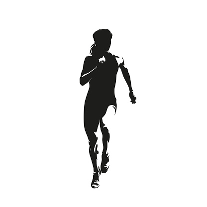 Running woman, front view, abstract isolated vector silhouette, ink drawing. Run symbol