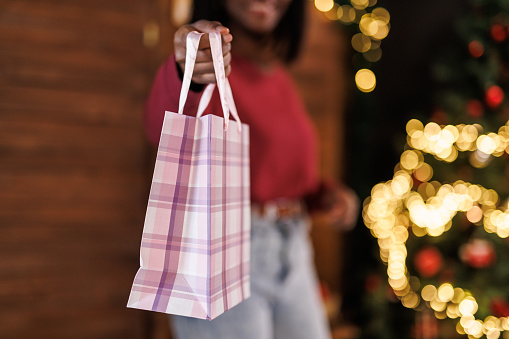 Portrait of joyful young woman standing by the Christmas tree and smiling at camera while giving you a gift bag.