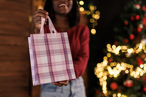 Portrait of joyful young woman standing by the Christmas tree and smiling at camera while giving you a gift bag.