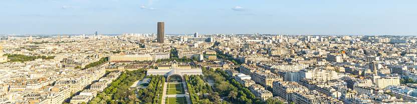 Panoramic view of the Champ de Mars park seen from the second floor of the Eiffel Tower in Paris, France