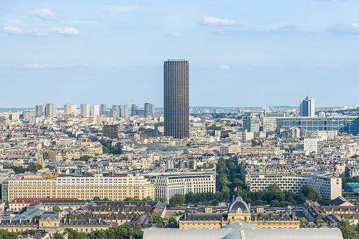 Tour Montparnasse tower seen from the second floor of the Eiffel Tower in Paris, France