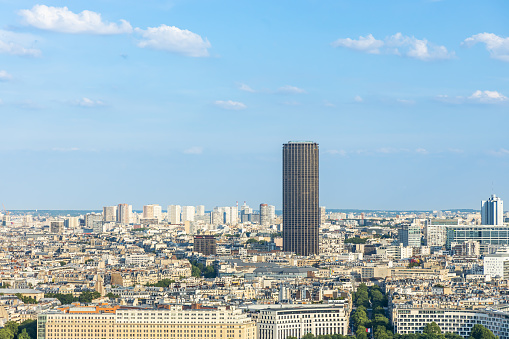 Tour Montparnasse tower seen from the second floor of the Eiffel Tower in Paris, France
