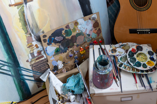 Clutter in an artists studio.