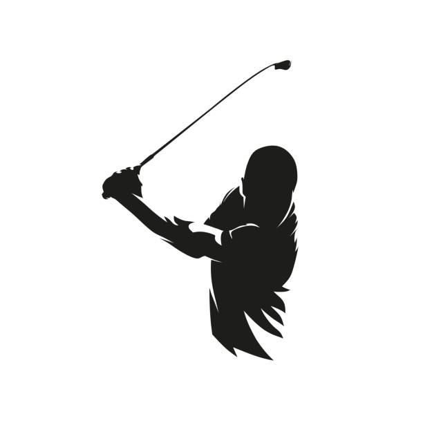 Golf player logo, abstract isolated vector silhouette. Golfer with driver vector art illustration