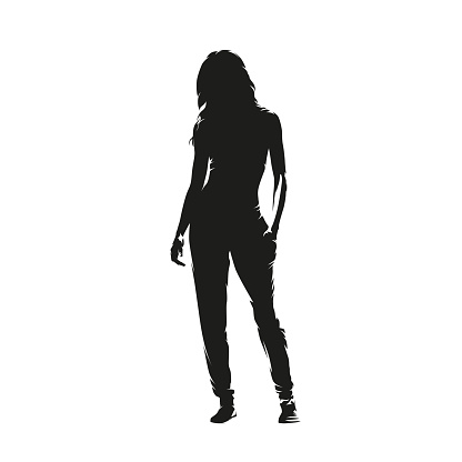 Slim sporty woman standing with hand in pocket, isoalted vector silhouette, front view