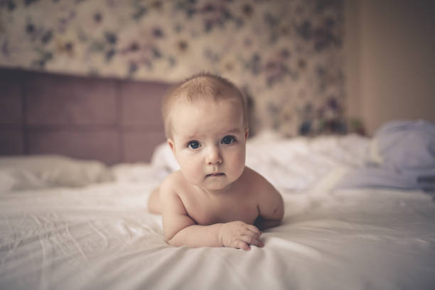 baby lying on his stomach on bed in bright real Adorable baby 6 months old lying on his stomach on a bed in a bright real interior, a childhood end. looks into the frame half dozen babies stock pictures, royalty-free photos & images