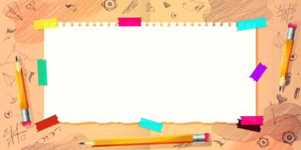 School education and learning concept in cartoon style. A sheet of paper for text with pencils on a stylish paper background with freehand drawings. Graphic vector illustration in EPS 10 format. organized bookshelf stock illustrations