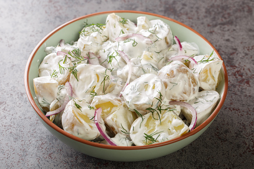 Farskpotatissalad is Swedish Potato Salad, simply made with new potatoes, creme fraiche, red onion and freshly chopped dill close-up in a plate on the table. Horizontal