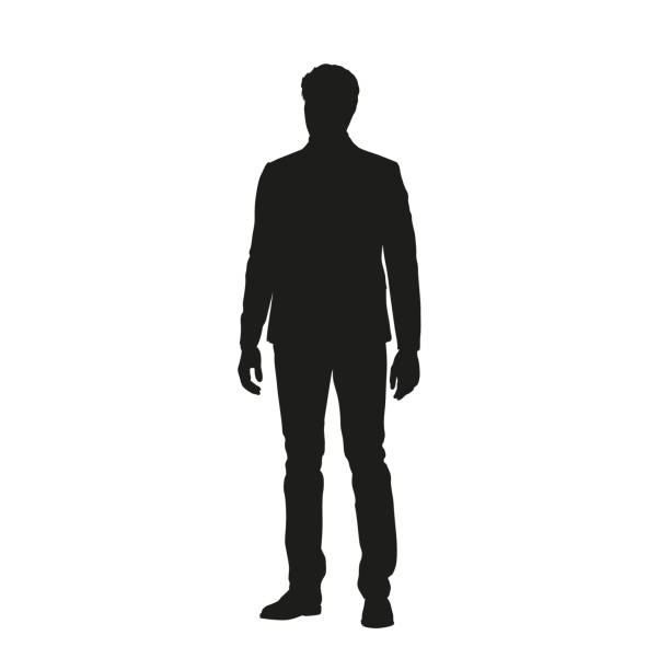 stockillustraties, clipart, cartoons en iconen met businessman standing, isolated vector silhouette, front view. man in suit - silhouet