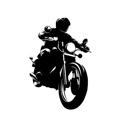 Chopper motorbike, isolated vector silhouette, ink drawing. Motorbike rider, front view