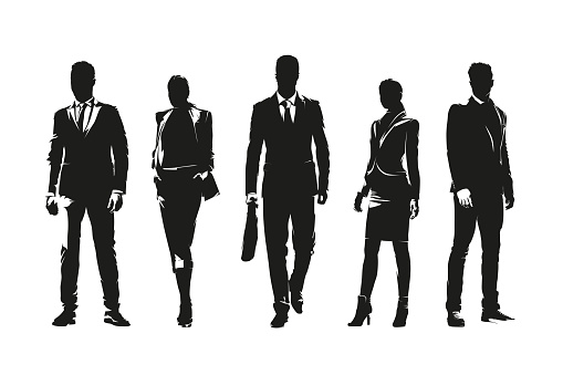 Business people, group of men and women in formal clothing. Set of isolated vector silhouettes