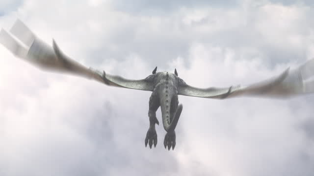 Realistic Dragon flying in the clouds.