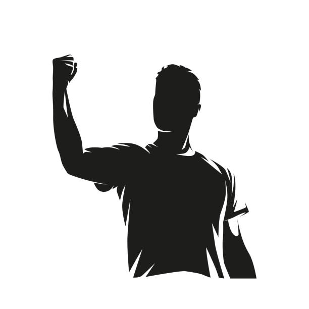 ilustrações, clipart, desenhos animados e ícones de homem celebrando, gesto de celebração. silhueta vetorial isolada, desenho a tinta. jogador de futebol comemora gol - cheering men shouting silhouette