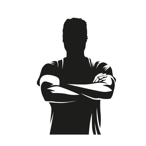 illustrations, cliparts, dessins animés et icônes de homme aux bras croisés, silhouette vectorielle abstraite isolée, dessin à l’encre - bras croisés