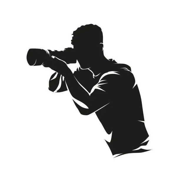 Vector illustration of Photographer with camera, abstract man isolated vector silhouette, front view. Ink drawing