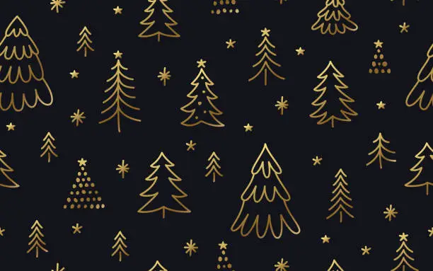 Vector illustration of Seamless Golden Holiday Christmas Tree Forest Background